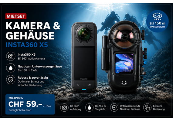 MIETE: SET Insta360 X5 & Nauticam NA-X5 Unterwassergehäuse - 4 Wochen