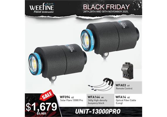 Weefine Set: 2x Videolampe Solar Flare 13000 PRO, Auftrieb, Fernbedienung, Kabel