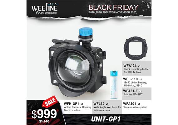 Weefine Set: Actioncam-Gehäuse, Vorsatzlinse, Vakuum-System, Adapter, Halterung, Batterien