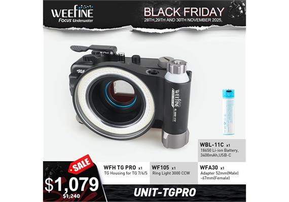 Weefine Kit: Caisson p. TG 7/6/5, Anneau lumineux 3000, Adaptateur, Batteries Li-Ion 18650